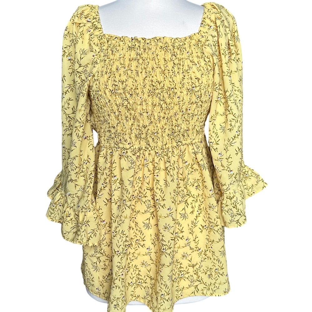 Hayden LA Peplum Smocked Square Neck Top 3/4 Flutter Sleeve Cottagecore Milkmaid - Picture 2 of 8